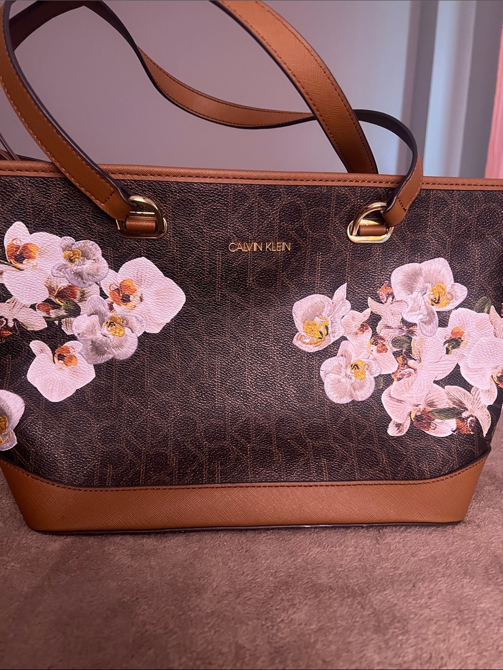 Calvin Klein Brown Floral Tote with Tan Trim
